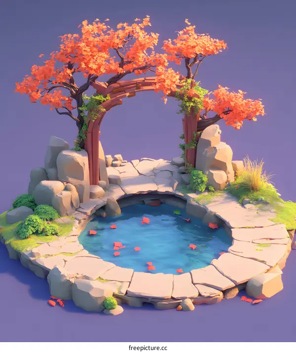 3D Illustration of a Stone Archway with a Pond and Trees