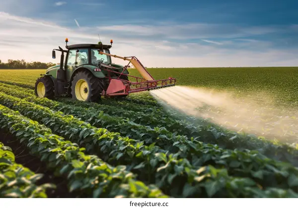 Tractor spraying pesticides on soy field