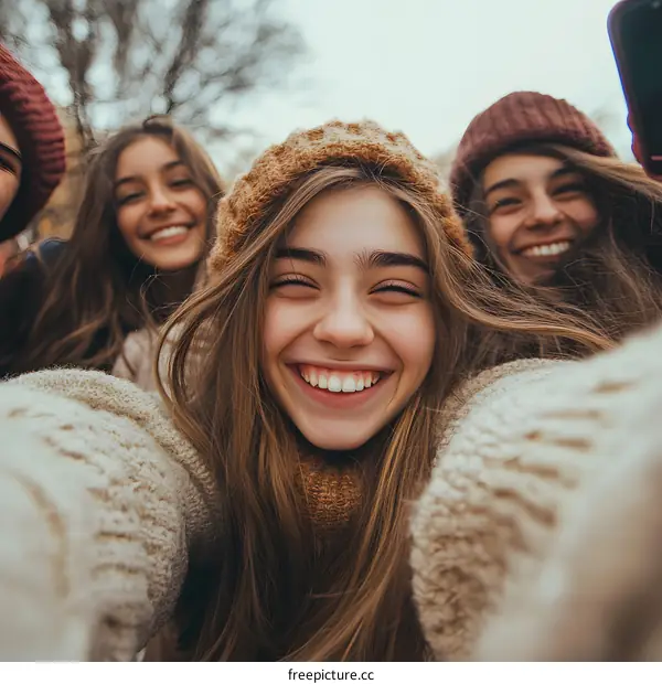 Group of young women friends taking a selfie outdoors