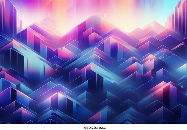 A digital painting of a geometric landscape with blue, purple, and pink shapes.
