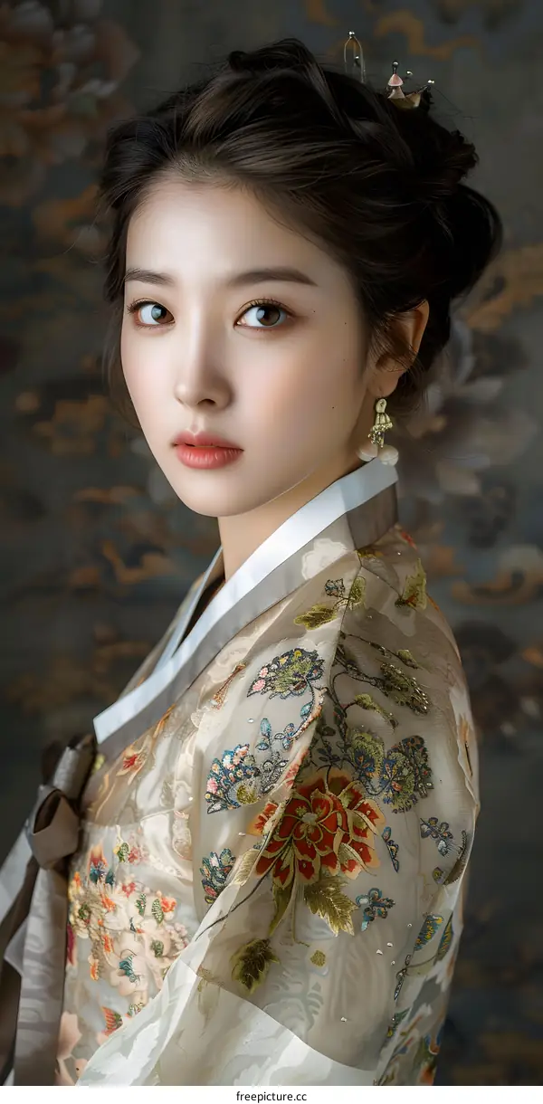 Portrait of a young woman in traditional Korean dress, or Hanbok
