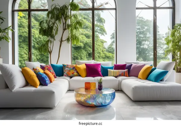 A large white sectional sofa with colorful pillows in a modern living room