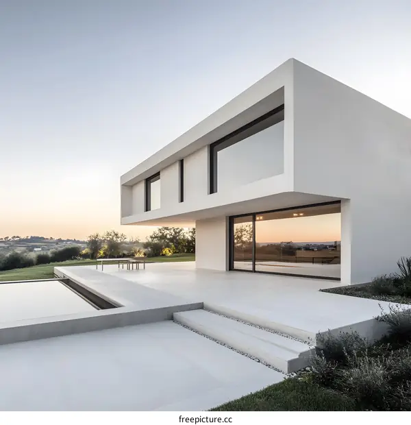 Modern Minimalist Architecture with Glass Windows and a Pool