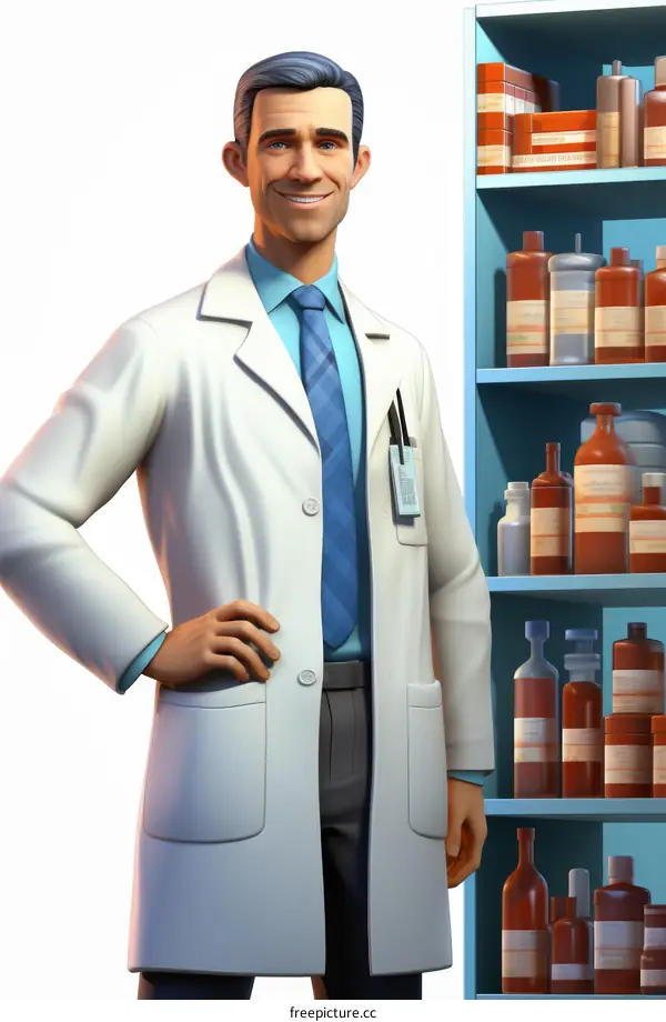 Pharmacist in a white coat standing in a pharmacy