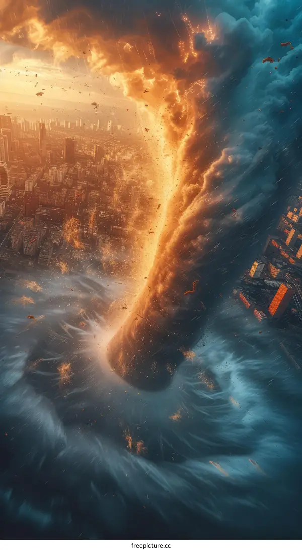 A tornado sweeps through a city during a storm