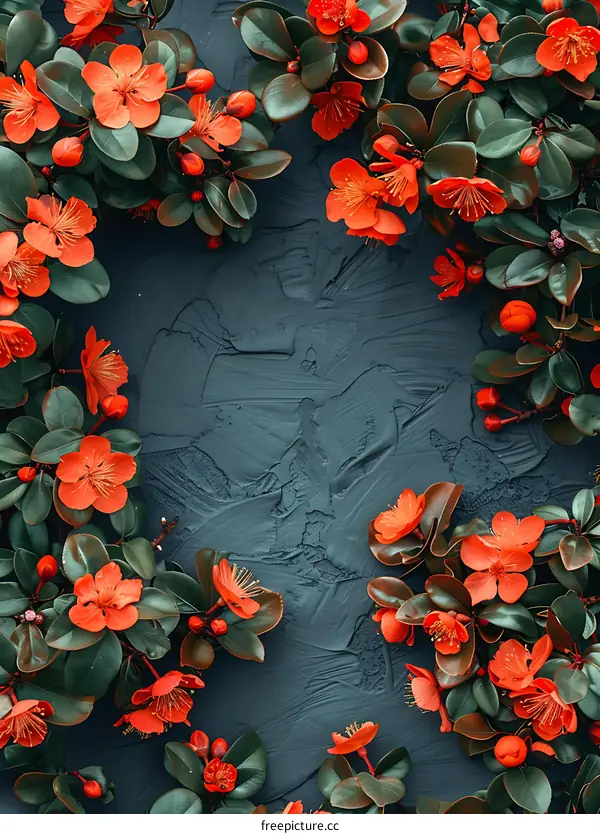 Red Flowers Frame On Dark Grey Background