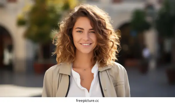 portrait of a beautiful young woman smiling wearing a white shirt and tan jacket