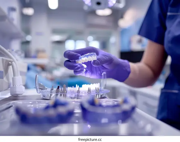 Dentist holding a set of dentures with a purple glove