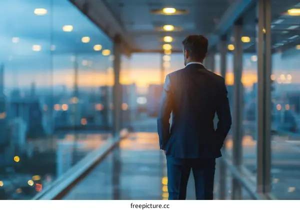 Businessman looking out at the city from a high-rise building