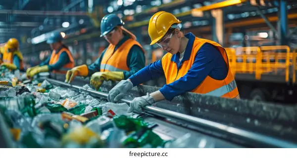 Three women working in a recycling facility