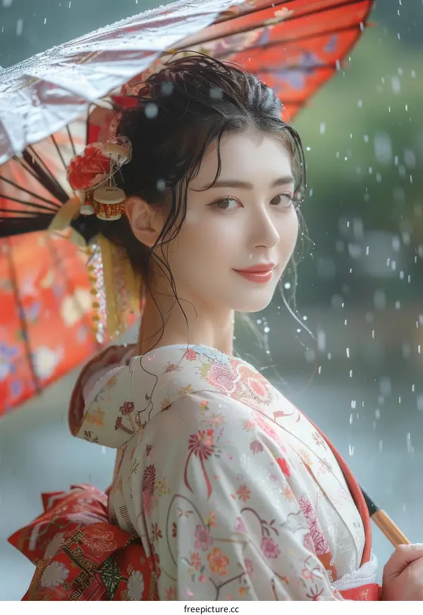 Portrait of a beautiful Japanese woman in traditional kimono holding an umbrella in the rain