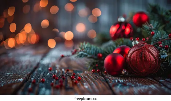 Red Christmas ornaments on a wooden table with a blurred background of lights