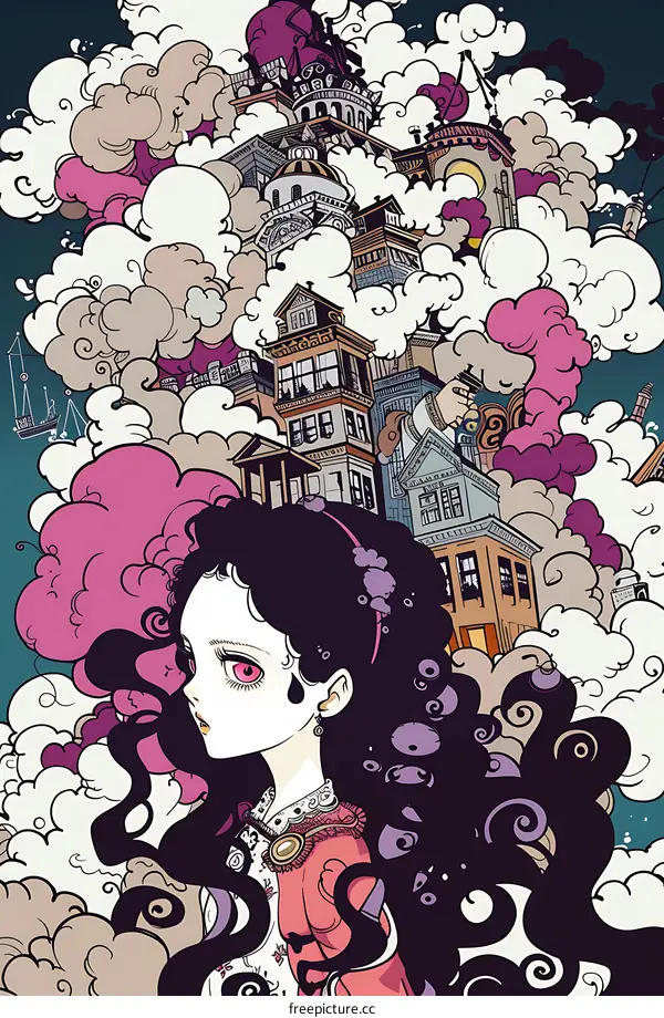 Girl with Pink Clouds and City