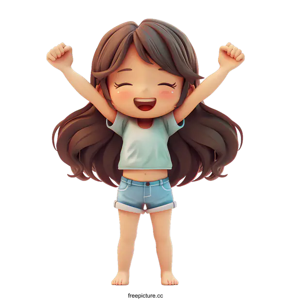 [Transparent Background PNG]Cheerful anime girl raising her arms in joy