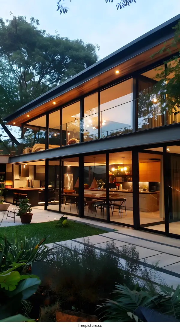 Modern Glass House with Wooden Accents and Lush Greenery