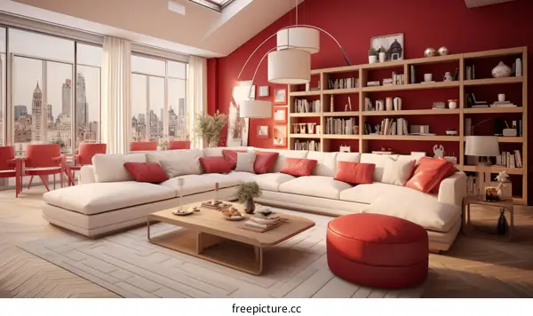A red and white living room with a large sectional sofa, a coffee table, and a bookshelf.