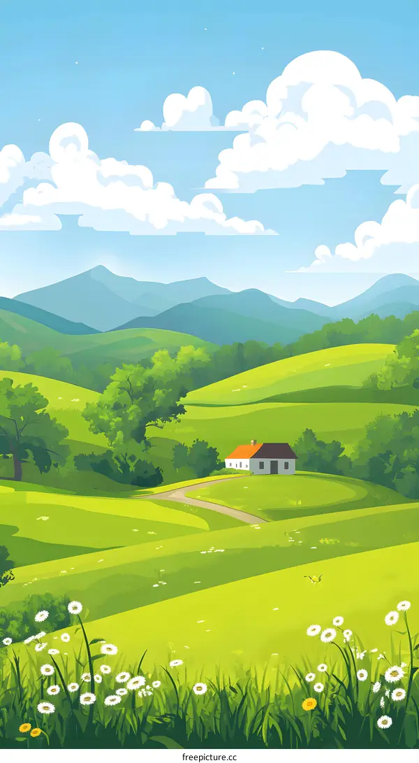 Green Hills Landscape With A Single House