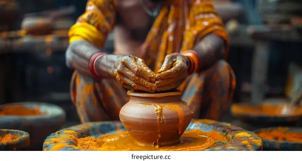 Indian potter shaping a clay pot on a traditional pottery wheel