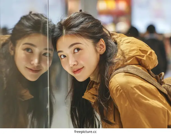 Two Asian Women Mirroring Each Other in a Shop Window