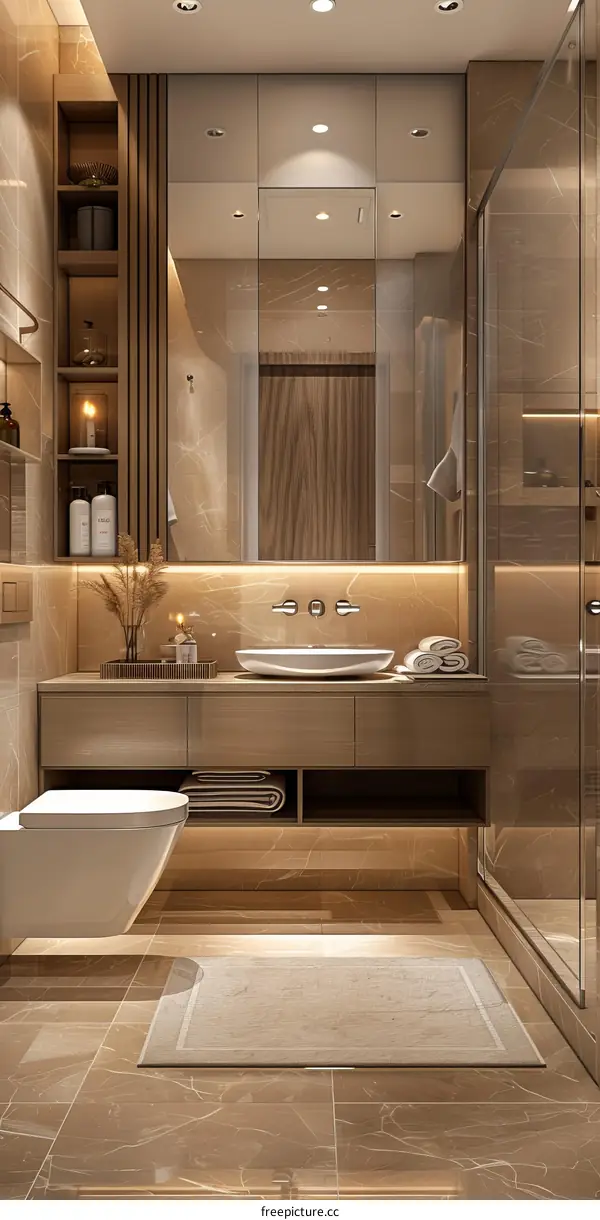 Modern Bathroom Interior Design with Wooden Cabinets and Marble Tiles