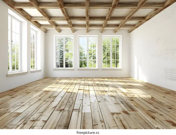 Empty Room With Wooden Beam Ceiling