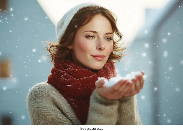 Winter Woman Catching Snowflakes Outdoors