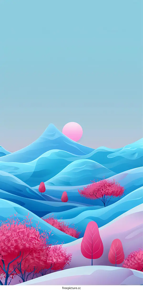 Abstract Blue and Pink Landscape with Trees
