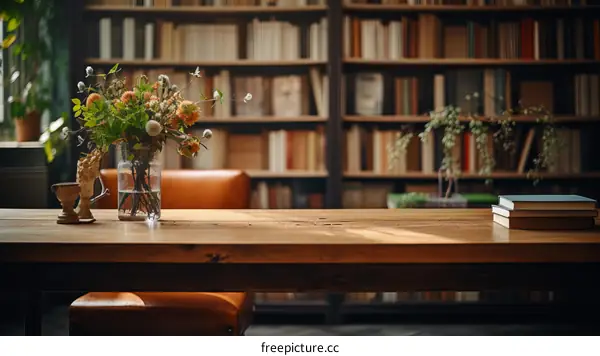 Wooden Table and Vase of Flowers in Vintage Library Interior