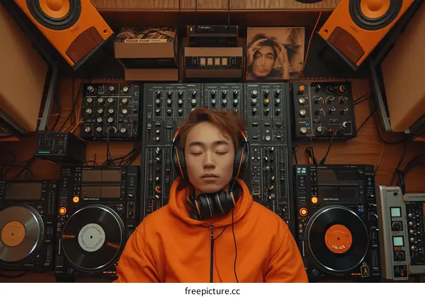Asian DJ in an orange hoodie with his eyes closed, surrounded by turntables and mixers
