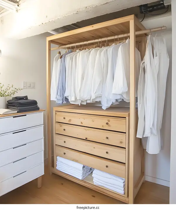 Wooden Closet with Hanging Clothes and Drawers