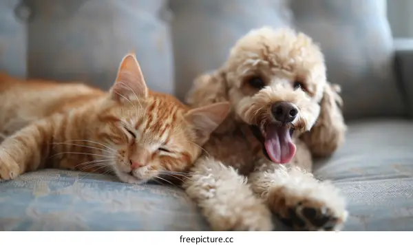A ginger cat and a poodle are lying on the couch together