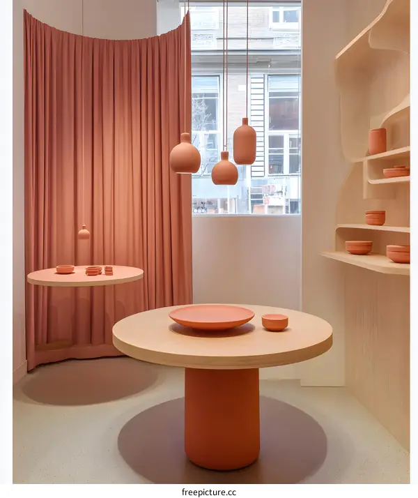 Minimalist Interior Design with Orange Accents and Wooden Shelving