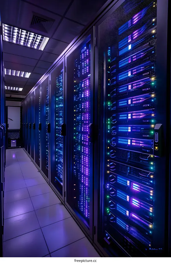 Server Racks in a Data Center with Colorful Lights