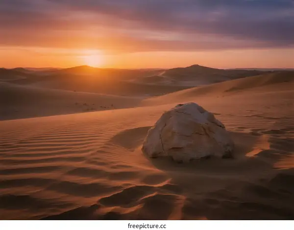 Golden Sunset Over Vast Desert with Isolated Rock Formation