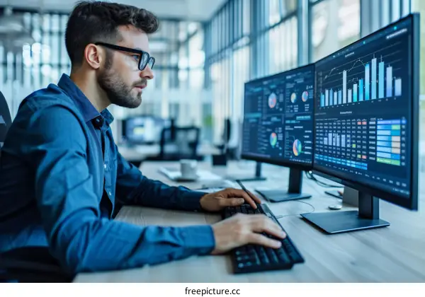 Male software engineer analyzing data on multiple computer monitors