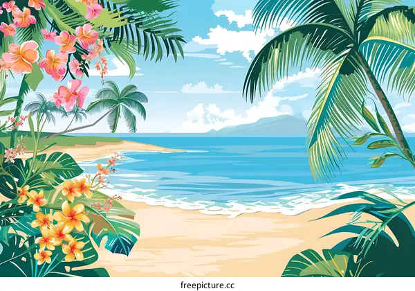 Tropical Beach Landscape with Palm Trees and Flowers