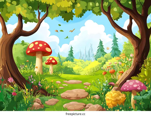 Cartoon Illustration of a Path Leading Through a Magical Forest with Mushrooms and a Distant City
