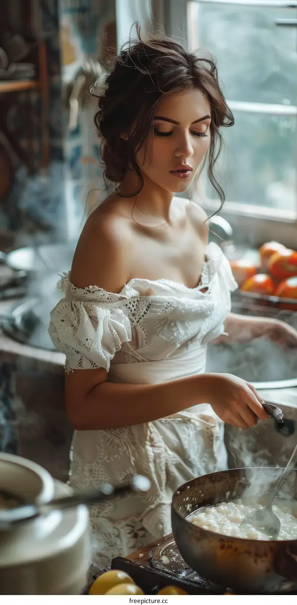 Young woman in a white dress is cooking in the kitchen