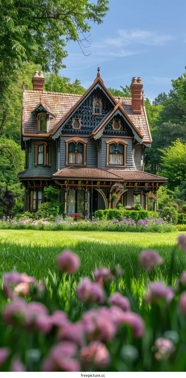 Ornate Victorian Home Surrounded by Flowers