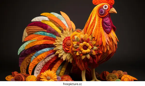A colorful rooster made of fabric with flowers and eggs