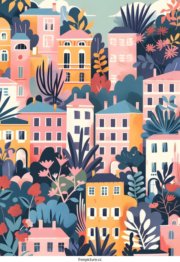 Colorful Illustration of a Cityscape with Lush Greenery