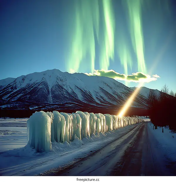 Aurora Borealis Over Snowy Mountain Range and Road