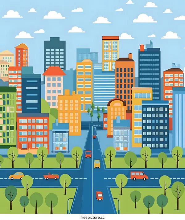Colorful Cityscape Illustration with Buildings and Trees