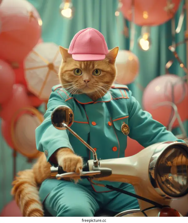 A cat wearing a hat and suit rides a scooter