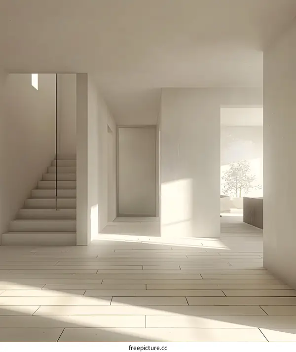 Minimalist Modern Interior Design With Stairs And Sunlight
