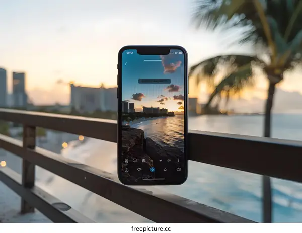 Smartphone Displaying a Sunset Over Ocean