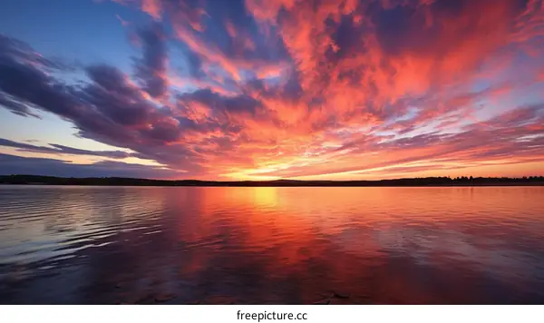 A vivid sunset over a calm lake