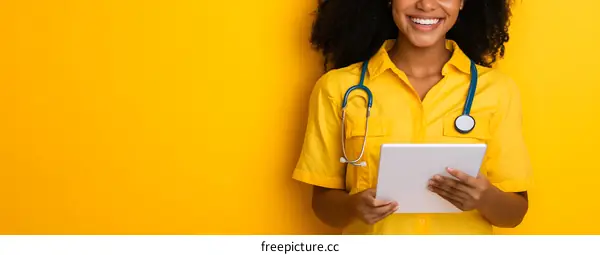 Smiling Black Woman Doctor Holding Tablet