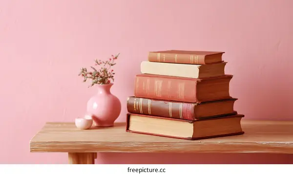 Stack of Vintage Books with Pink Vase