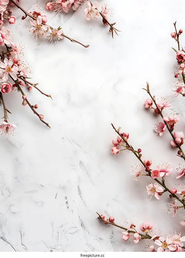 Pink Cherry Blossom Flowers Border Frame on White Background
